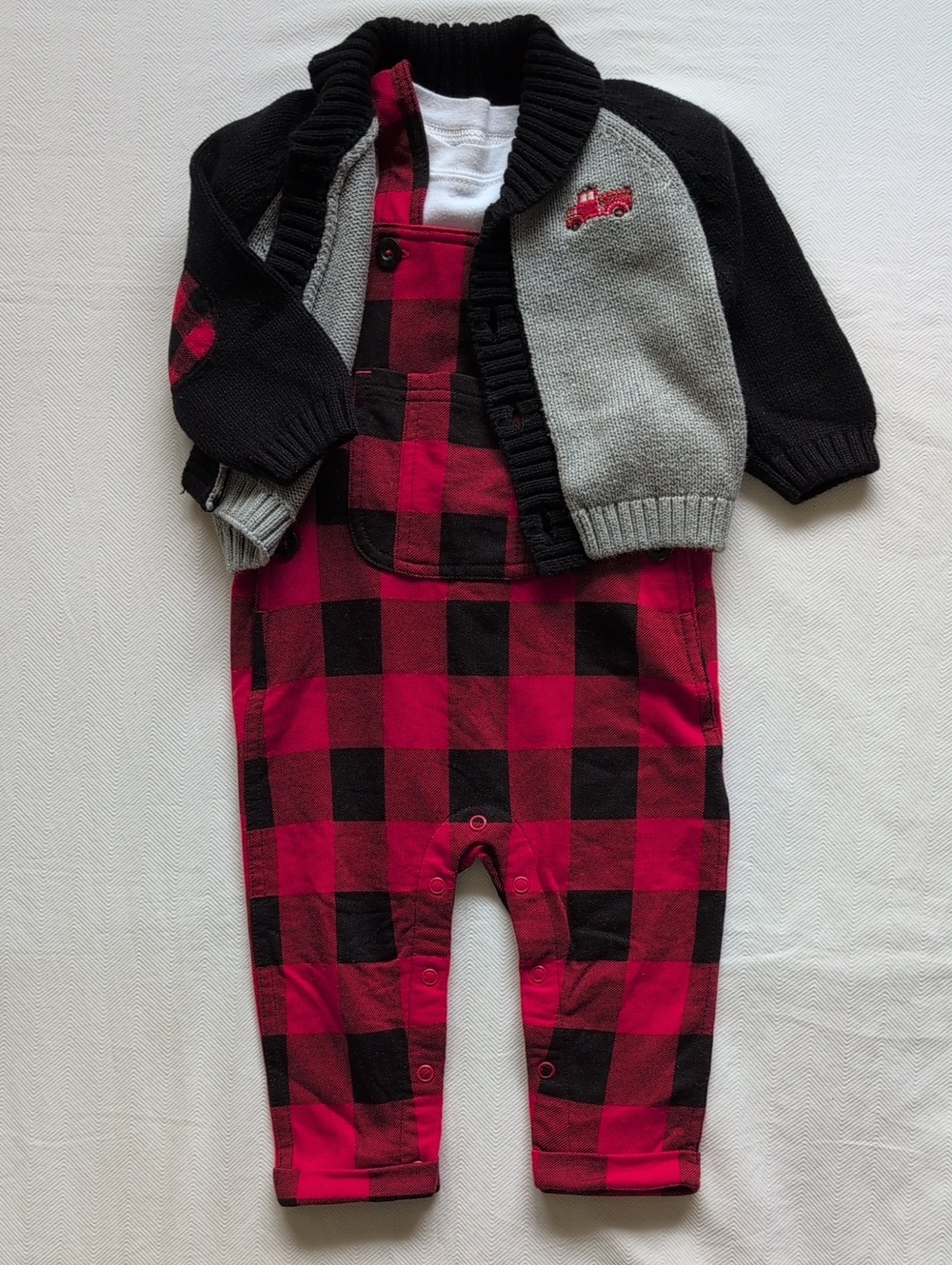 GYMBOREE & MORE | 3pc Little Red Truck Cardigan & Plaid Overalls Set | 6-12M